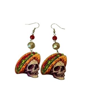 Halloween Skull Taco Dangling Earrings Champagne Rondelle & Red Agate Beads NWOT